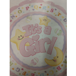 Pastel balloon with stars, moons, and the words "It's a Girl"