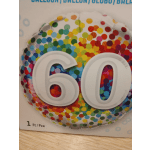 Round foil balloon with a colorful polka-dot background and large white number 60
