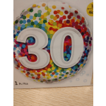 Round foil balloon with a large white "30" and multicolor dots
