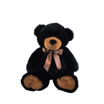 Black teddy bear with a brown ribbon bow