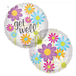 Two round balloons with colorful daisy graphics and "get well" text