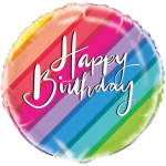 Round rainbow birthday balloon with white lettering