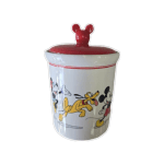 Mickey Mouse-themed ceramic cookie jar with a red lid