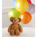 Teddy bear with a cluster of colorful balloons