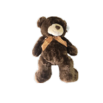 Brown teddy bear with a tan ribbon bow