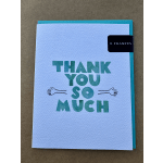 Thank-you card with teal lettering and a black E. Frances label