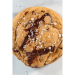 Chocolate chip cookie topped with melted chocolate and coarse salt