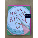 A colorful birthday card with a cake illustration and the words "Happy Birthday"