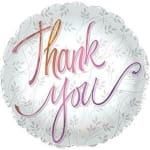 Round foil balloon with "thank you" text and pale leaf pattern