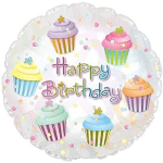 Round birthday balloon with cupcake graphics and "Happy Birthday" text