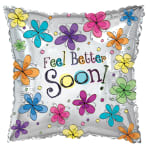 Silver balloon with colorful flowers and the words "Feel Better Soon!"