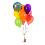 Cluster of colorful birthday balloons with a "Happy Birthday" balloon