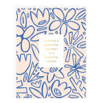 Peach birthday card with blue floral doodles and gold text in the center