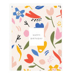 Colorful abstract floral birthday card with Happy Birthday text in the center