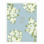 Light blue birthday card with white floral illustrations and gold message reading “Happy Birthday To A Beautiful Soul”.