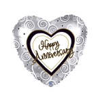 Heart-shaped silver balloon with "Happy Anniversary" text