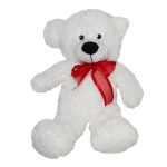 White teddy bear with a red ribbon bow