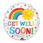 Round balloon with a rainbow, smiling sun, and "GET WELL SOON" text