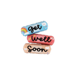 Three stacked foil balloons reading get well soon