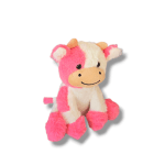 Pink and white plush cow toy with a smiling face