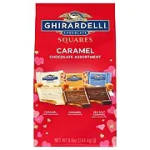 Box of Ghirardelli caramel chocolate squares with heart graphics