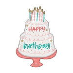 Illustrated birthday cake with candles and "Happy Birthday" text