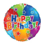 Round multicolor birthday balloon with "Happy Birthday!" text
