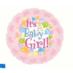 Round pink balloon with "It's A Baby Girl!" text and colorful hearts