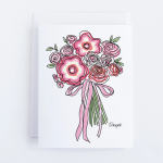 Illustrated bouquet of pink flowers tied with a ribbon on a card