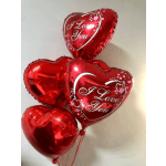 Cluster of red heart-shaped balloons with "I Love You" text