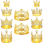 Set of gold decorative crowns with pearl accents on a white background