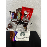 Gift basket with Starbucks Frappuccino bottles and candy bars
