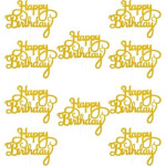 Gold "Happy Birthday" cutout decorations on a white background