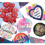 Assorted heart-shaped and round foil balloons with greeting text
