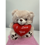 A plush teddy bear holding a red heart that says I Love You.