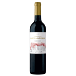 Bottle of red wine with a gold cap and illustrated label