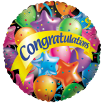 Round foil balloon with colorful stars and the word Congratulations
