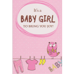 Pink baby girl greeting card with owl and baby clothes illustration