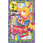 Colorful baby shower card with clowns, balloons, and the text "It's A Baby Shower"