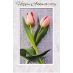 Two pink tulips on a textured background with "Happy Anniversary" text