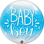 Blue balloon with "Baby Boy" text and gold confetti dots