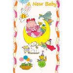 Cartoon baby animals and the words "A New Baby" on a card