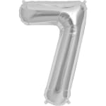 Silver foil balloon shaped like the number 7