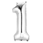 Silver foil balloon shaped like the number 1