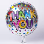 Round foil balloon with colorful "THANK YOU" text and star pattern