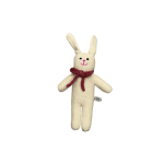 Cream knitted bunny toy with a burgundy scarf