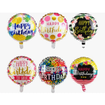 Six birthday balloons with colorful printed designs and messages