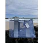 Translucent blue crochet tote with wide light-blue straps, clear body and branded hanging tag.