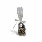 Wrapped chocolate treat tied with a silver ribbon