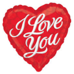 Red heart-shaped balloon with white script text reading I Love You